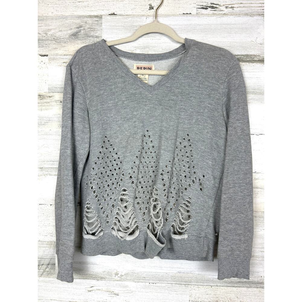Pepin Women’s XS Gray Distressed Boho Cutout V-Neck Long Sleeve Sweatshirt